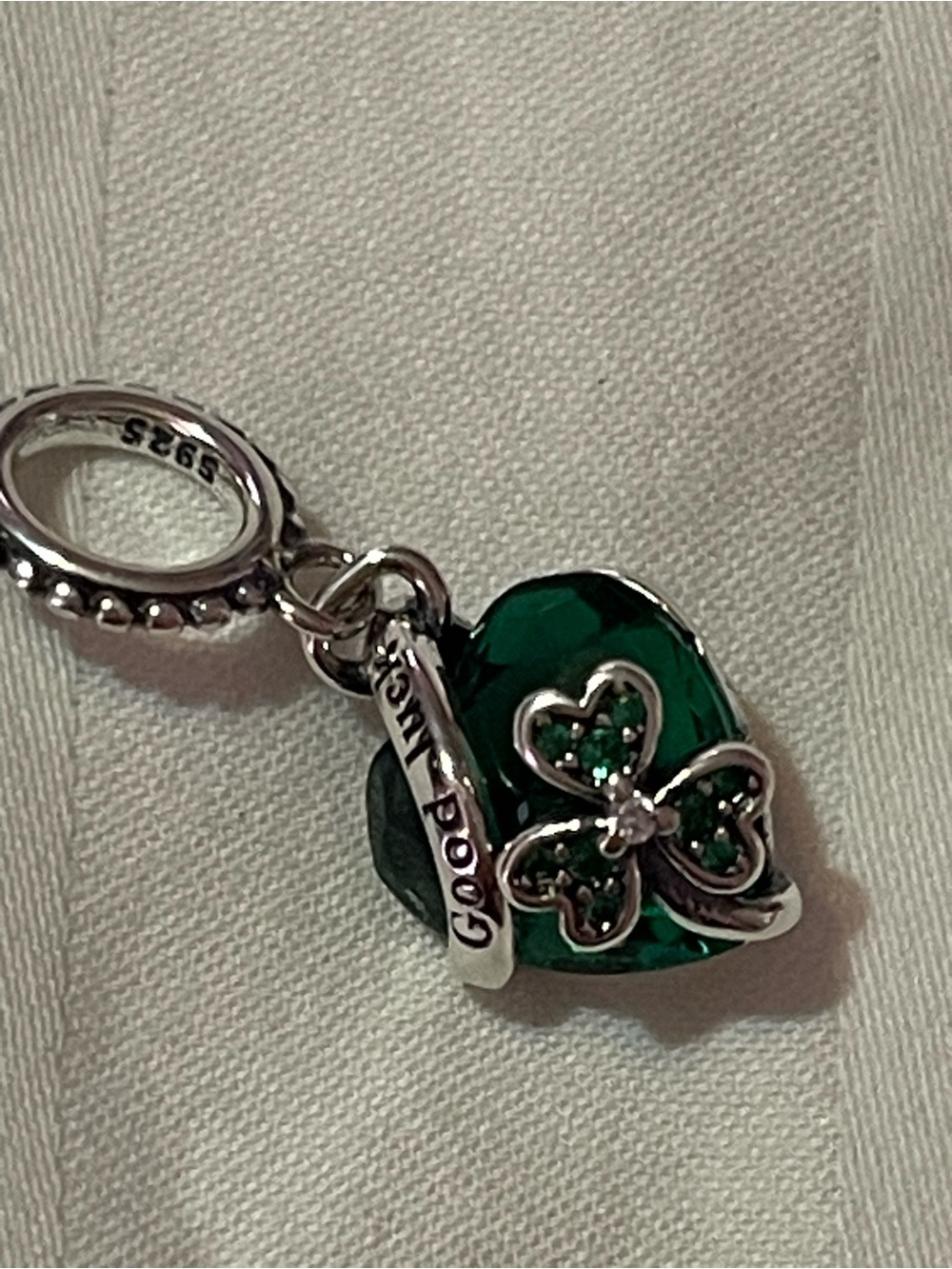 Sterling Silver Green Heart Clover Dangle Charm